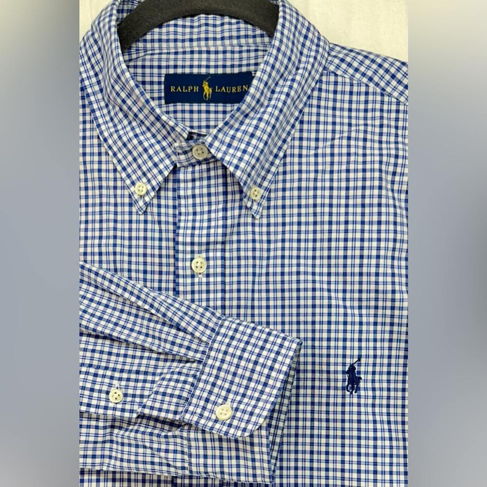 Ralph Lauren Cotton Blue Plaid Button Down Shirt Mens Size L